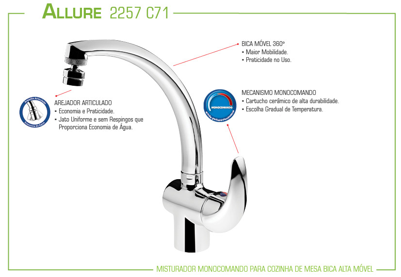 TORNEIRA LORENZETTI 2257 C-71 MISTURADOR PIA MESA MONOCOMANDO ALLURE